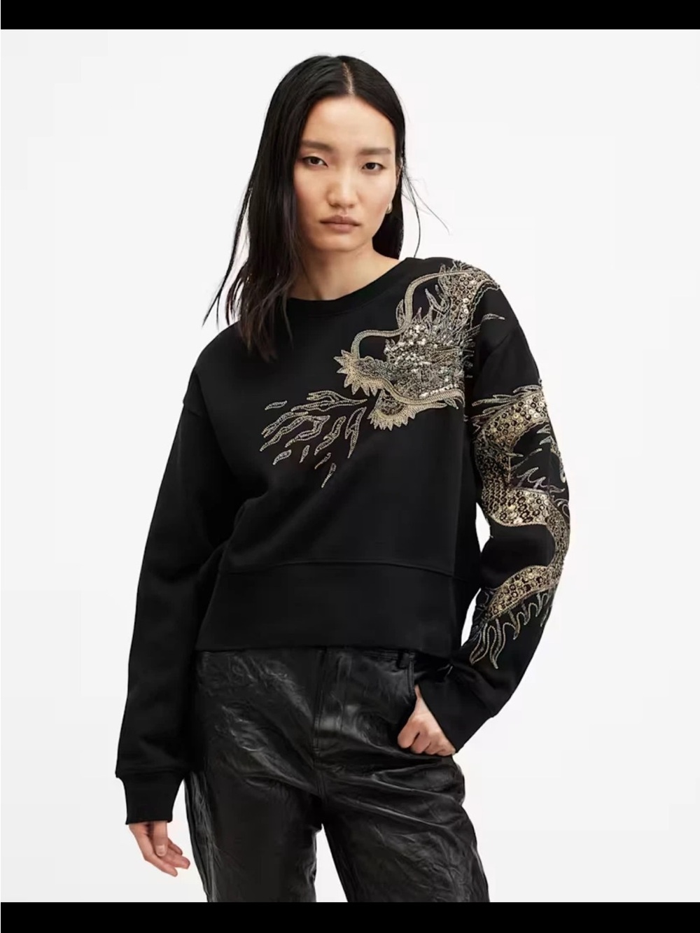 All Saints Black Sweatshirt with Metallic Gold Dragon Motif